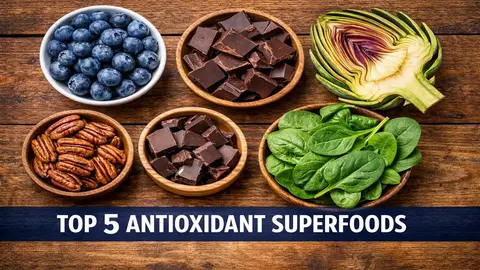 Educational infographic showing how antioxidants neutralize free radicals to protect cells. Includes visuals of molecules, shield icons, and healthy cell illustration in a clean, modern design