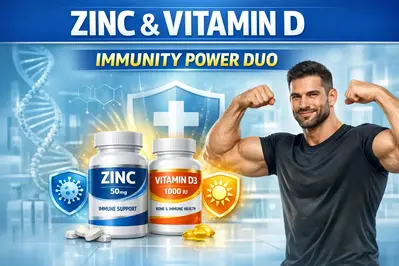 Infographic showing Zinc and Vitamin D supplements as an immunity power duo with a strong healthy man in background